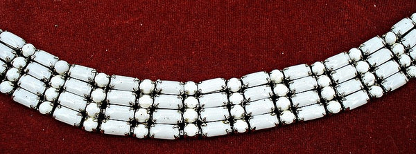 Vintage 16" Chalk White Opaque Choker Necklace Silver Tone Prong Set