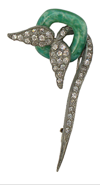 Unique Art Deco Pot Metal Glass Jade on Leaves Crystal Rhinestones 2.5"