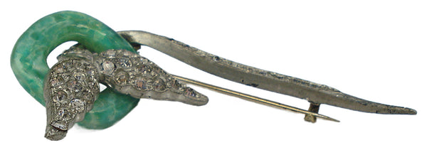 Unique Art Deco Pot Metal Glass Jade on Leaves Crystal Rhinestones 2.5"