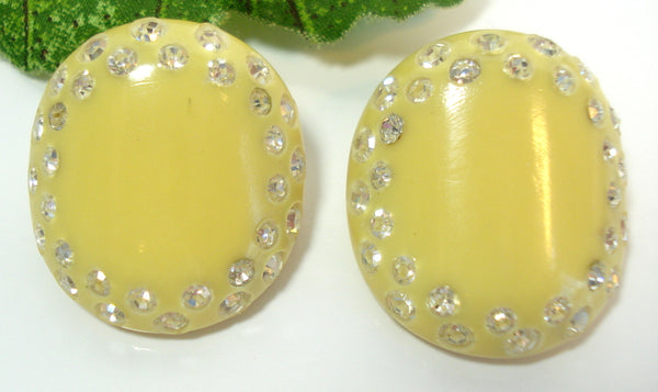 Celluloid Clip Earrings Yellow Creme Crystal Rhinestones 1 1/8"