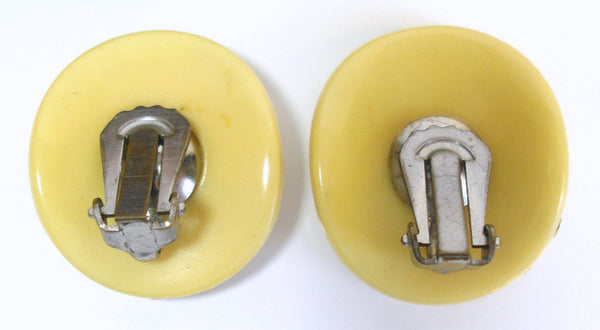 Celluloid Clip Earrings Yellow Creme Crystal Rhinestones 1 1/8"