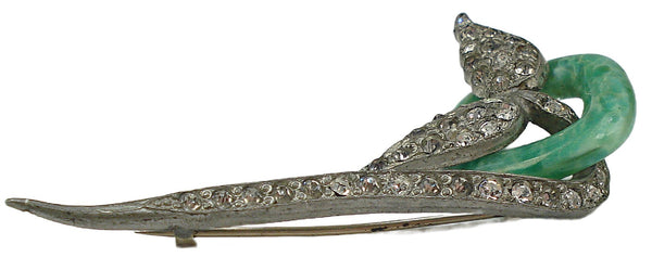 Unique Art Deco Pot Metal Glass Jade on Leaves Crystal Rhinestones 2.5"