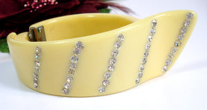 Unique Celluloid Clamper Bracelet Yellow Creme Crystal Rhinestones