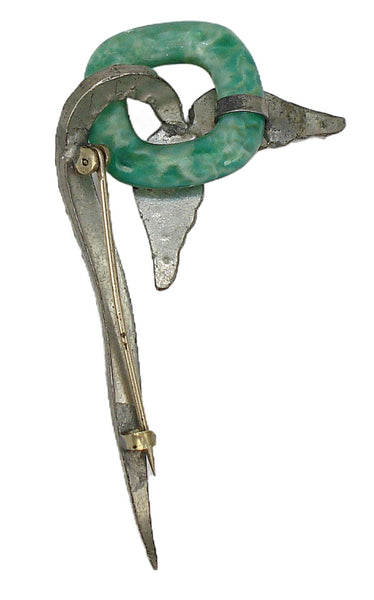 Unique Art Deco Pot Metal Glass Jade on Leaves Crystal Rhinestones 2.5"