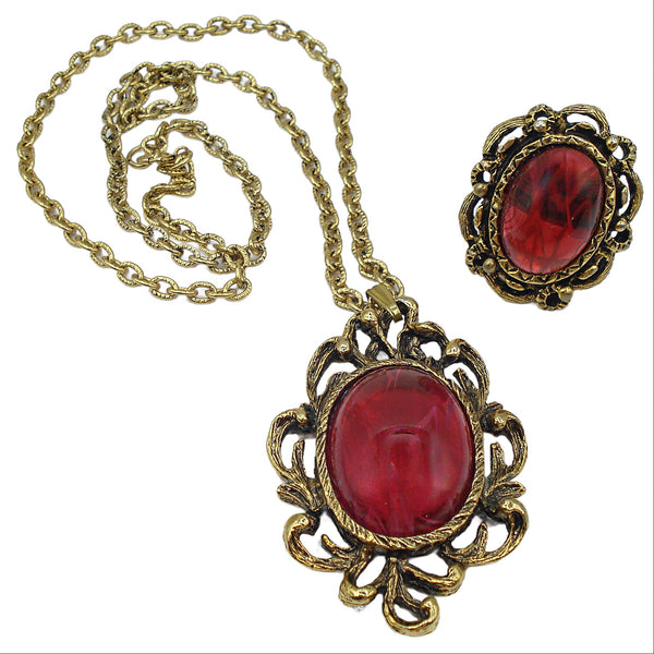 Victorian Revival Set Necklace Pendant Ring Gold Tone Flawed Ruby Glass Cabs