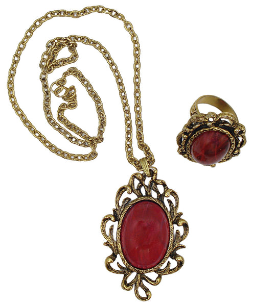 Victorian Revival Set Necklace Pendant Ring Gold Tone Flawed Ruby Glass Cabs