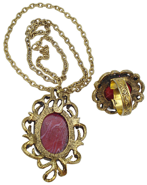 Victorian Revival Set Necklace Pendant Ring Gold Tone Flawed Ruby Glass Cabs