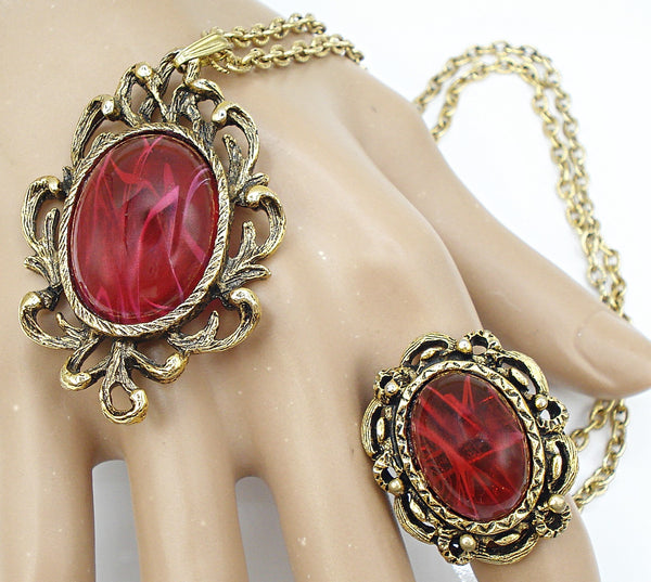 Victorian Revival Set Necklace Pendant Ring Gold Tone Flawed Ruby Glass Cabs