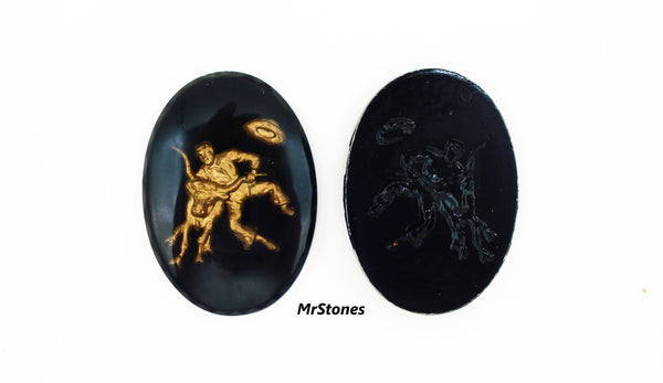 25x18mm Reverse Intaglio Black Gold Rodeo Cowboy Bull Oval Cabochon