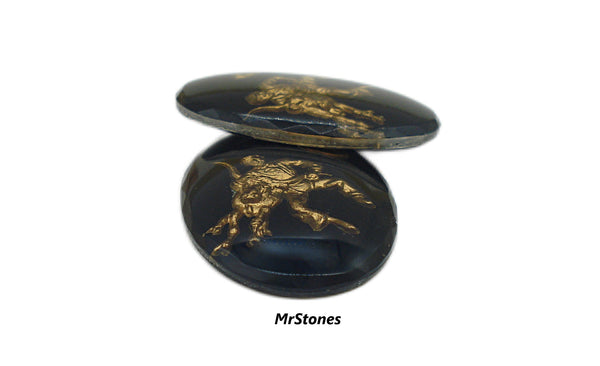 25x18mm Reverse Intaglio Black Gold Rodeo Cowboy Bull Oval Cabochon
