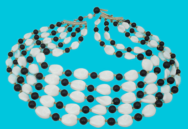 Japan 5 Strand Black White Glass Beaded Necklace 14"