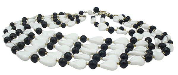 Japan 5 Strand Black White Glass Beaded Necklace 14"