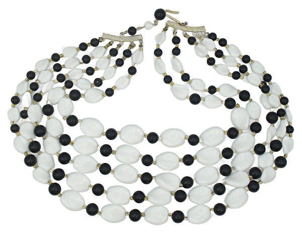 Japan 5 Strand Black White Glass Beaded Necklace 14"