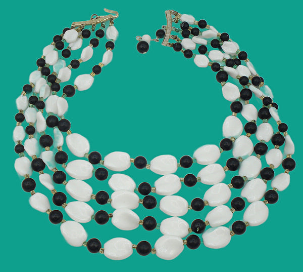 Japan 5 Strand Black White Glass Beaded Necklace 14"