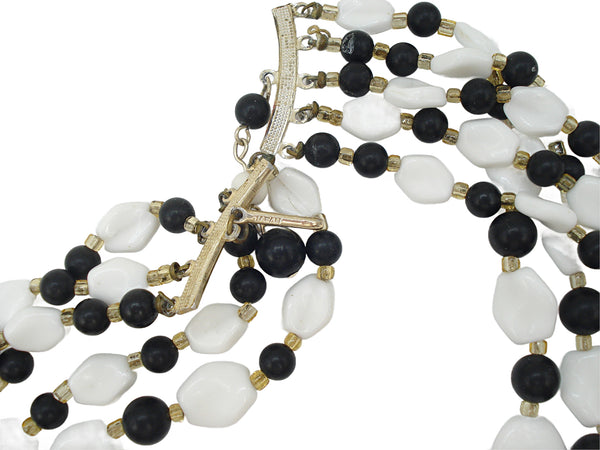 Japan 5 Strand Black White Glass Beaded Necklace 14"