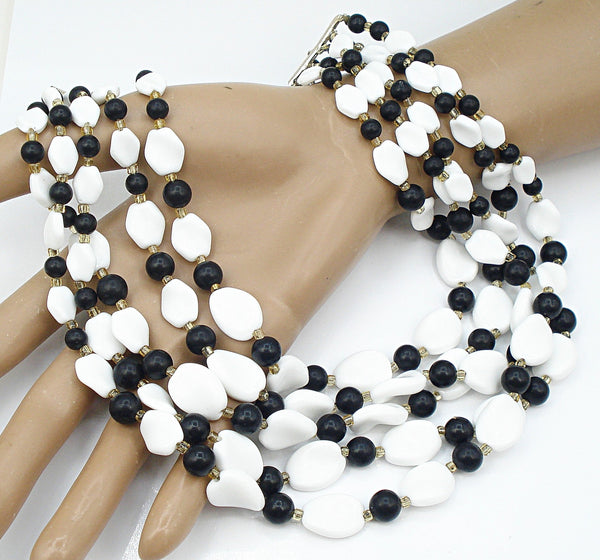 Japan 5 Strand Black White Glass Beaded Necklace 14"