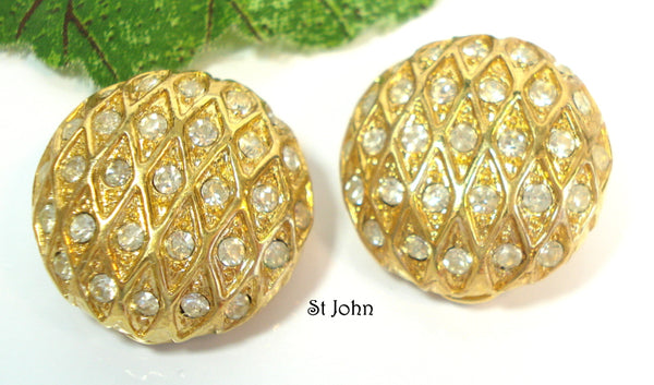 St John Earrings 1" Round Diamond Textured Crystal Rhinestones