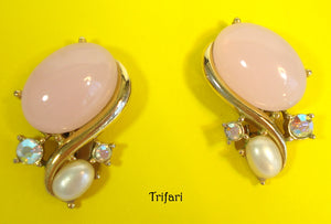 Trifari Earrings 18x13mm Pink Moonstone Crystal AB Faux Pearls 1"