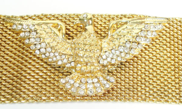 Unusual Mesh Bracelet Wide Crystal Rhinestone 2.5" Eagle Gold Tone