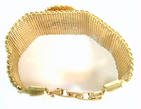 Unusual Mesh Bracelet Wide Crystal Rhinestone 2.5" Eagle Gold Tone