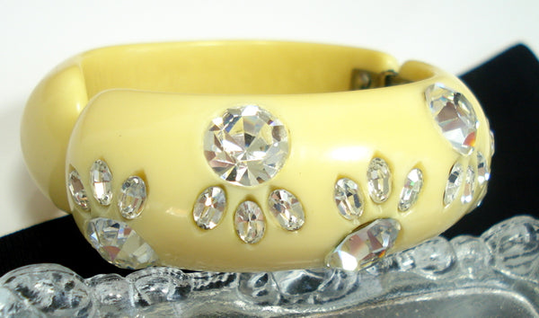 Celluloid Clamper Bracelet Creme Yellow Large Crystal Rhinestones