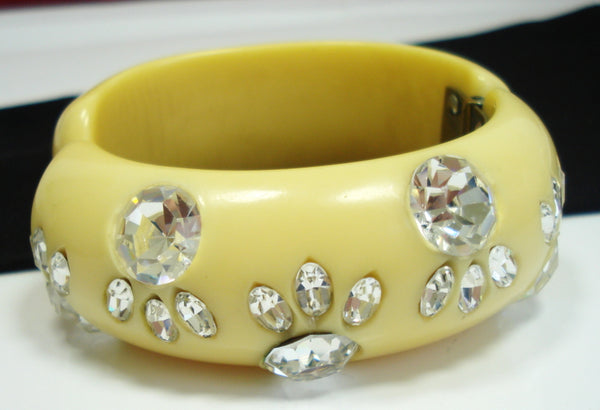 Celluloid Clamper Bracelet Creme Yellow Large Crystal Rhinestones