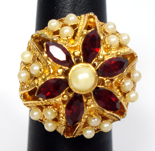 Sarah Coventry Cocktail Ring Siam Marquise Faux Pearls 7/8" Adjustable