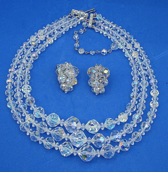 Crystal AB Glass Beaded 3 Strand Necklace and Earrings