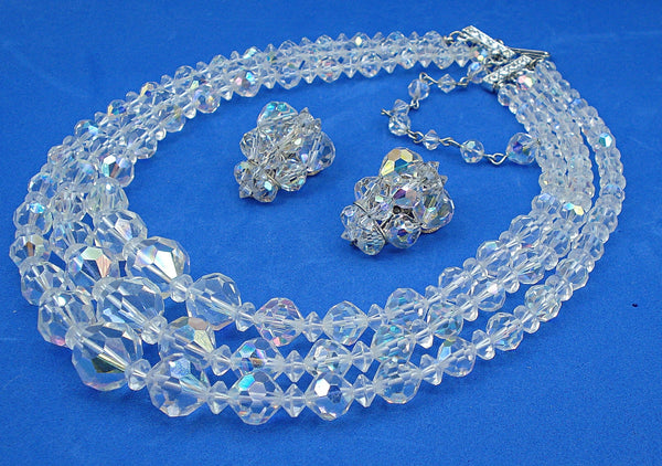 Crystal AB Glass Beaded 3 Strand Necklace and Earrings