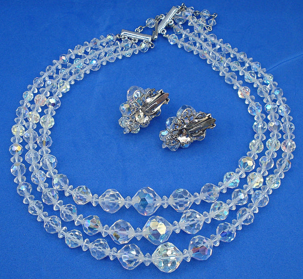 Crystal AB Glass Beaded 3 Strand Necklace and Earrings