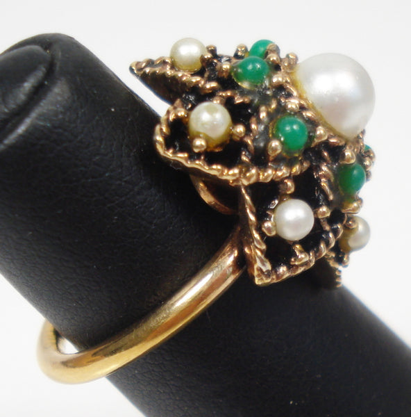 Sarah Coventry Ring Chrysophase Balls Faux Pearls Adjustable 3/4" wide