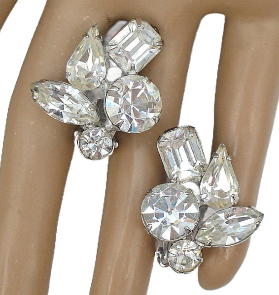 1" Clip on Earrings Silver Tone Large Crystal Prong Set Rhinestone Asst.