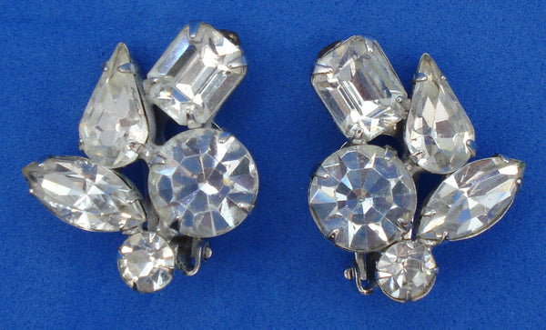 1" Clip on Earrings Silver Tone Large Crystal Prong Set Rhinestone Asst.