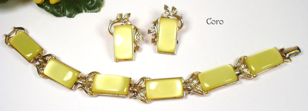 Coro Set Bracelet Earrings Yellow Moonstone Lucite Cushion Leaves