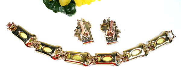 Coro Set Bracelet Earrings Yellow Moonstone Lucite Cushion Leaves