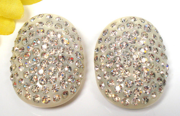 Vintage Lucite Earrings Light Creme Crystal Rhinestones 1.5"