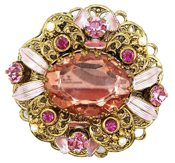 Brooch 2" Victorian Revival Layered Filigree Pretty Pink Shades Faux Pearls