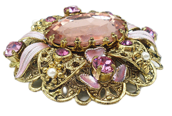Brooch 2" Victorian Revival Layered Filigree Pretty Pink Shades Faux Pearls