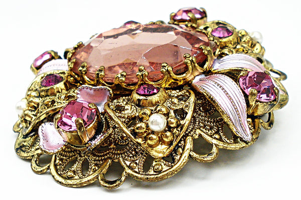 Brooch 2" Victorian Revival Layered Filigree Pretty Pink Shades Faux Pearls