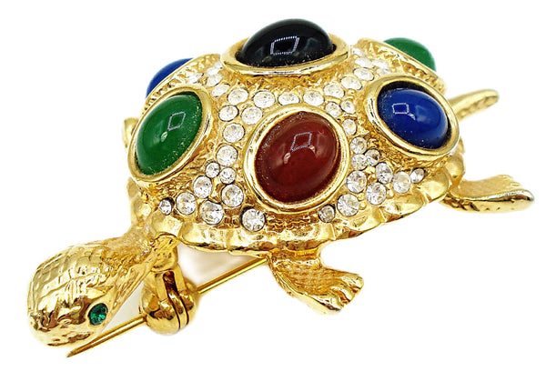 Brooch 2" Adorable Domed Turtle Tortoise Mogul Oval Cabs Crystal Rhinestones Gold Tone