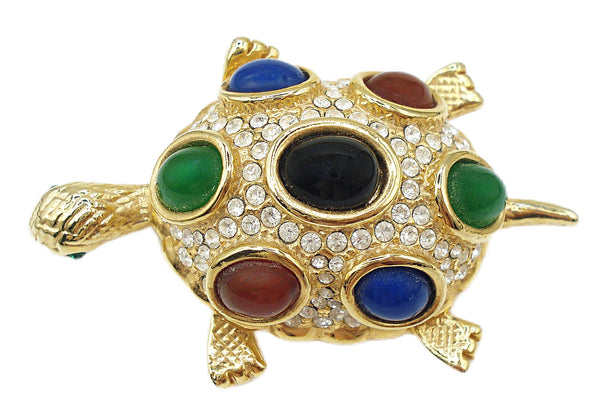 Brooch 2" Adorable Domed Turtle Tortoise Mogul Oval Cabs Crystal Rhinestones Gold Tone