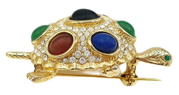 Brooch 2" Adorable Domed Turtle Tortoise Mogul Oval Cabs Crystal Rhinestones Gold Tone