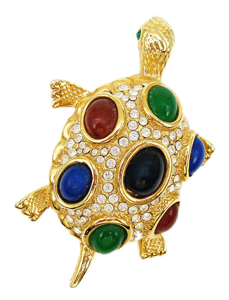 Brooch 2" Adorable Domed Turtle Tortoise Mogul Oval Cabs Crystal Rhinestones Gold Tone
