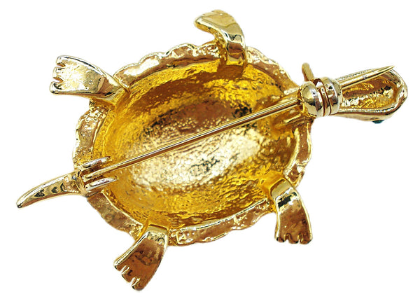 Brooch 2" Adorable Domed Turtle Tortoise Mogul Oval Cabs Crystal Rhinestones Gold Tone