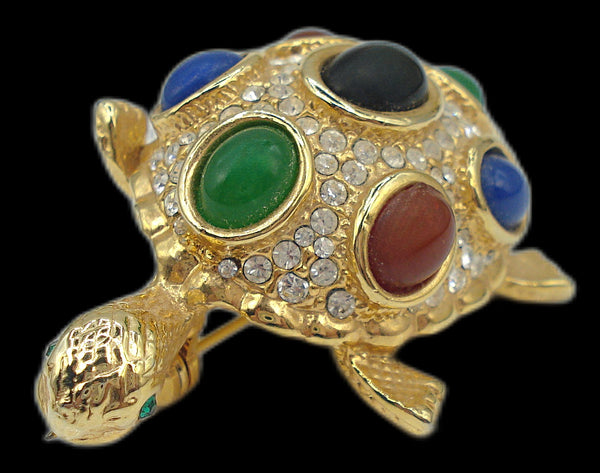 Brooch 2" Adorable Domed Turtle Tortoise Mogul Oval Cabs Crystal Rhinestones Gold Tone