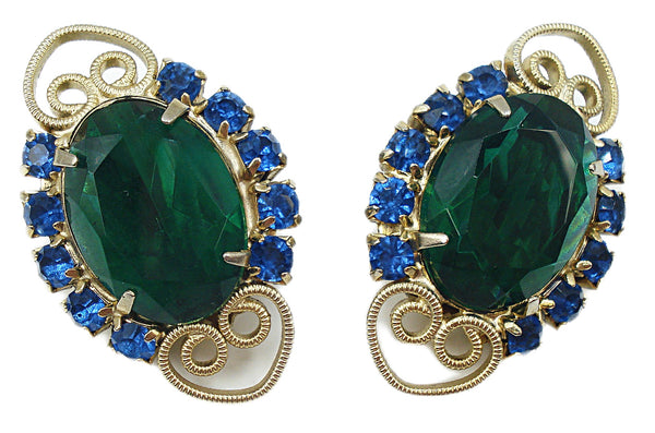Juliana Earrings 1 1/2" Gold Tone Emerald Capri Blue Rhinestones