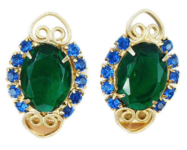 Juliana Earrings 1 1/2" Gold Tone Emerald Capri Blue Rhinestones