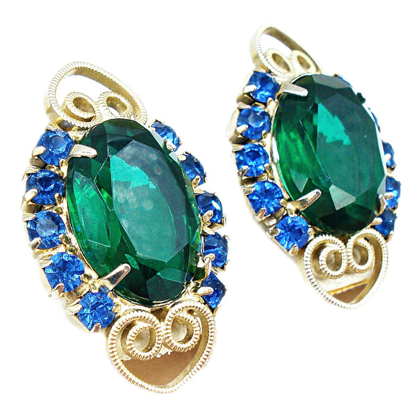 Juliana Earrings 1 1/2" Gold Tone Emerald Capri Blue Rhinestones
