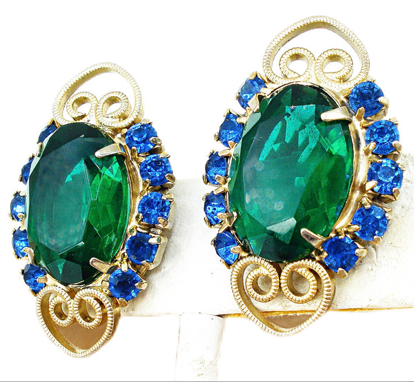 Juliana Earrings 1 1/2" Gold Tone Emerald Capri Blue Rhinestones