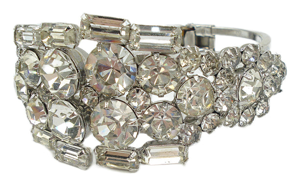 Glam Clamper Bracelet Silver Tone Large Crystal Rhinestones Cushion Octagons